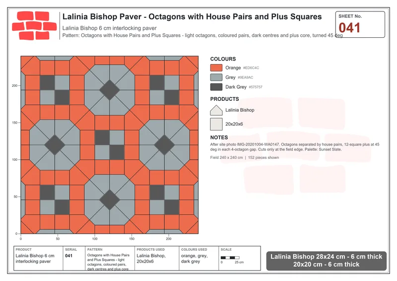 Interlock (Pasco) 28x24 cm · LAL-041 · Octagons with House Pairs and Plus Squares - light octagons, coloured pairs, dark centres and plus core, turned 45 deg · Laying plan Interlock (Pasco) 28x24 cm · LAL-041 · Octagons with House Pairs and Plus Squares - light octagons, coloured pairs, dark centres and plus core, turned 45 deg · Laying plan