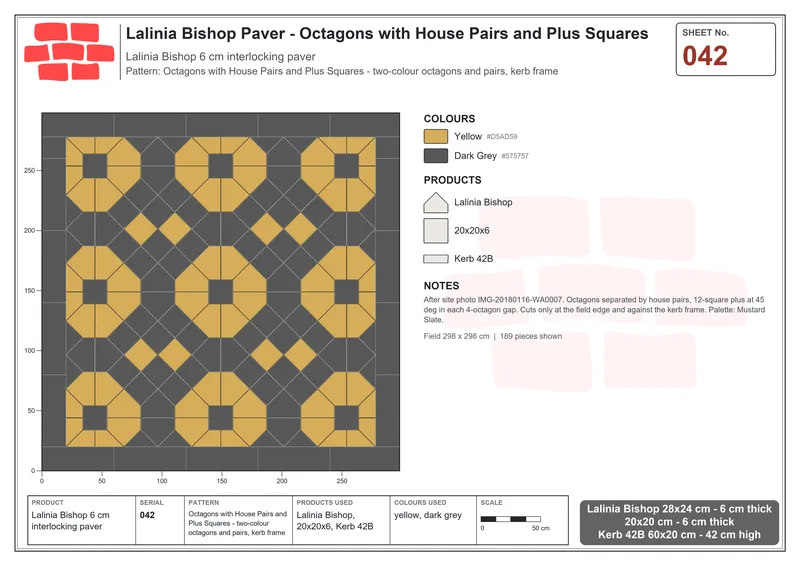 Interlock (Pasco) 28x24 cm · LAL-042 · Octagons with House Pairs and Plus Squares - two-colour octagons and pairs, kerb frame · Laying plan Interlock (Pasco) 28x24 cm · LAL-042 · Octagons with House Pairs and Plus Squares - two-colour octagons and pairs, kerb frame · Laying plan