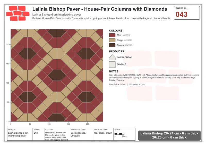 Interlock (Pasco) 28x24 cm · LAL-043 · House-Pair Columns with Diamonds - pairs cycling accent, base, band colour, base with diagonal diamond bands · Laying plan Interlock (Pasco) 28x24 cm · LAL-043 · House-Pair Columns with Diamonds - pairs cycling accent, base, band colour, base with diagonal diamond bands · Laying plan