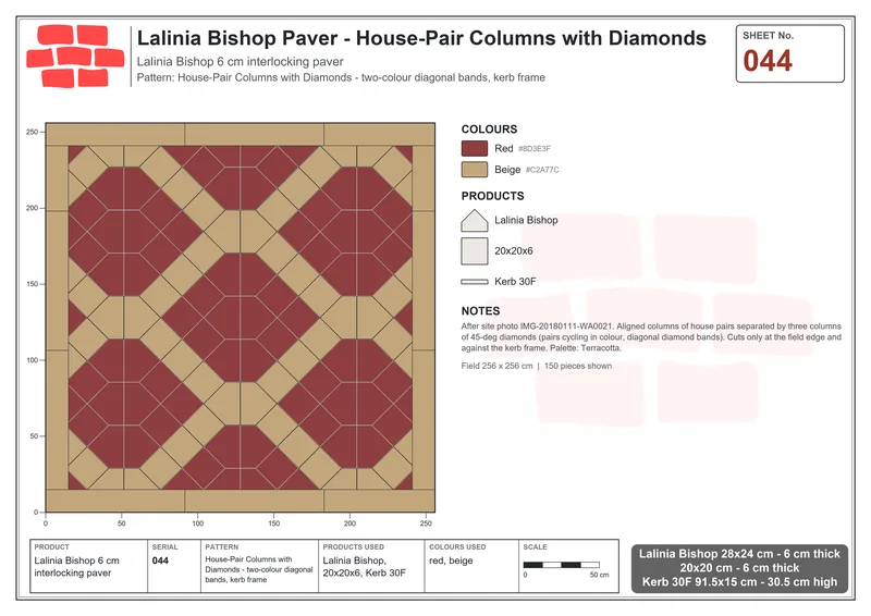 Interlock (Pasco) 28x24 cm · LAL-044 · House-Pair Columns with Diamonds - two-colour diagonal bands, kerb frame · Laying plan Interlock (Pasco) 28x24 cm · LAL-044 · House-Pair Columns with Diamonds - two-colour diagonal bands, kerb frame · Laying plan