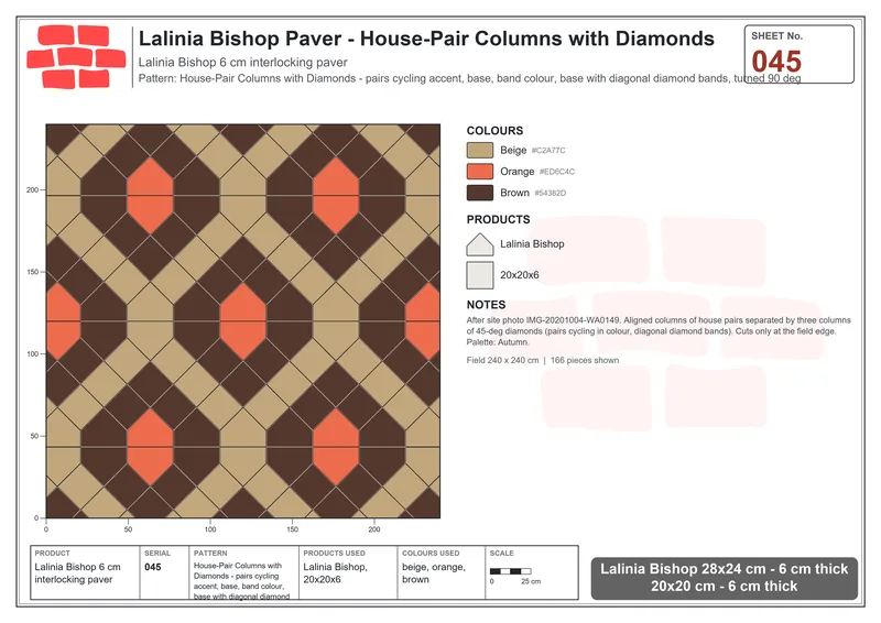 Interlock (Pasco) 28x24 cm · LAL-045 · House-Pair Columns with Diamonds - pairs cycling accent, base, band colour, base with diagonal diamond bands, turned 90 deg · Laying plan Interlock (Pasco) 28x24 cm · LAL-045 · House-Pair Columns with Diamonds - pairs cycling accent, base, band colour, base with diagonal diamond bands, turned 90 deg · Laying plan