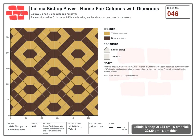 Interlock (Pasco) 28x24 cm · LAL-046 · House-Pair Columns with Diamonds - diagonal bands and accent pairs in one colour · Laying plan Interlock (Pasco) 28x24 cm · LAL-046 · House-Pair Columns with Diamonds - diagonal bands and accent pairs in one colour · Laying plan