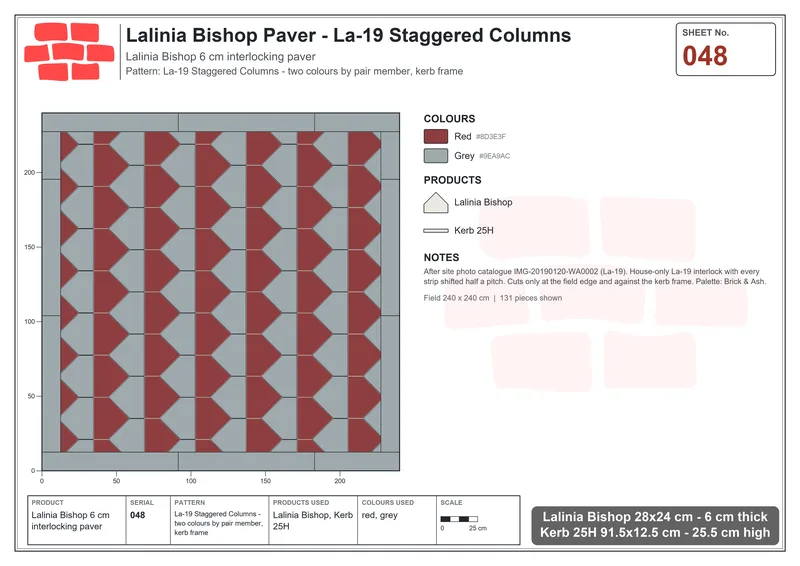 Interlock (Pasco) 28x24 cm · LAL-048 · La-19 Staggered Columns - two colours by pair member, kerb frame · Laying plan Interlock (Pasco) 28x24 cm · LAL-048 · La-19 Staggered Columns - two colours by pair member, kerb frame · Laying plan