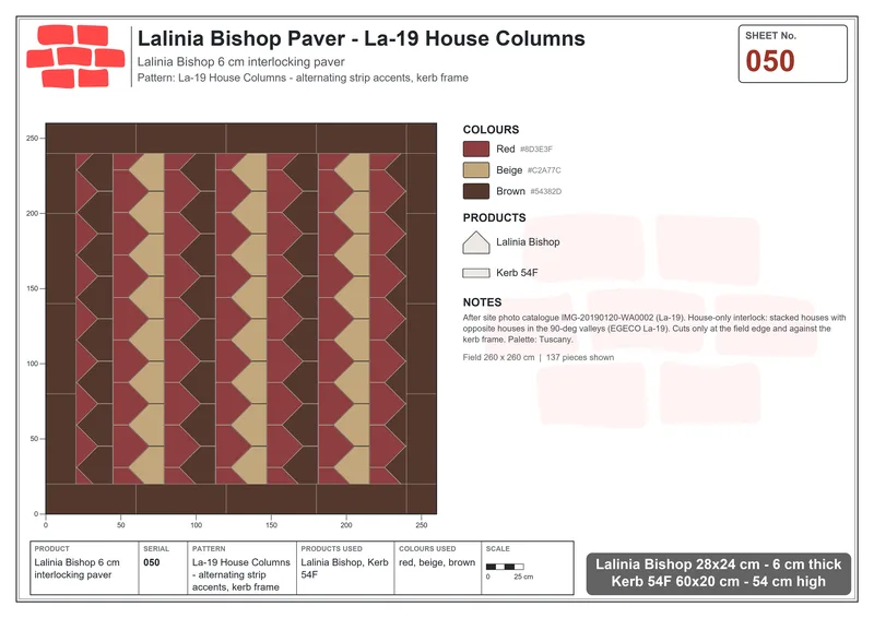 Interlock (Pasco) 28x24 cm · LAL-050 · La-19 House Columns - alternating strip accents, kerb frame · Laying plan Interlock (Pasco) 28x24 cm · LAL-050 · La-19 House Columns - alternating strip accents, kerb frame · Laying plan
