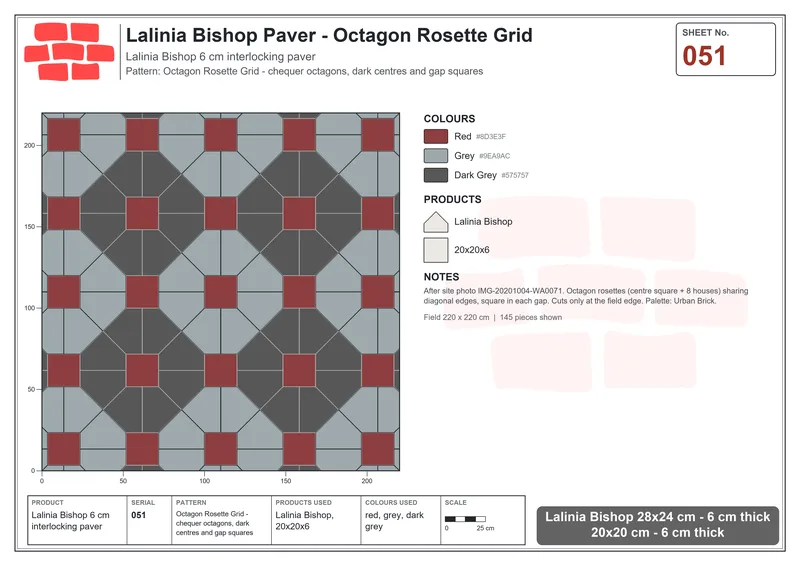 Interlock (Pasco) 28x24 cm · LAL-051 · Octagon Rosette Grid - chequer octagons, dark centres and gap squares · Laying plan Interlock (Pasco) 28x24 cm · LAL-051 · Octagon Rosette Grid - chequer octagons, dark centres and gap squares · Laying plan