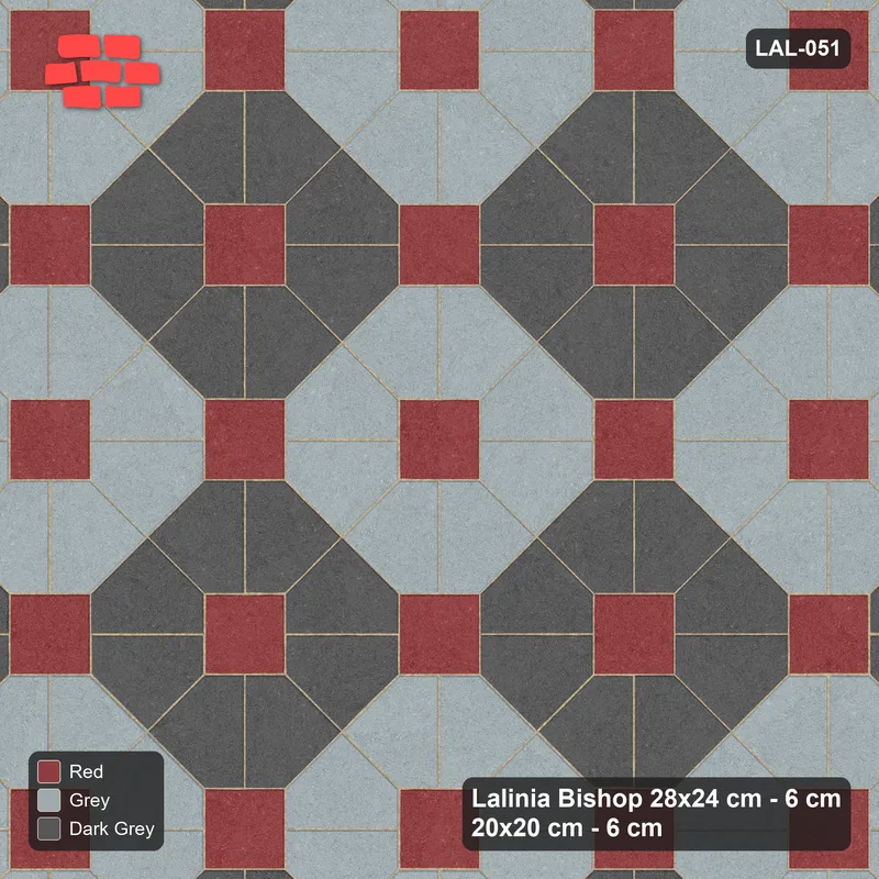 Interlock (Pasco) 28x24 cm · LAL-051 · Octagon Rosette Grid - chequer octagons, dark centres and gap squares · Top view Interlock (Pasco) 28x24 cm · LAL-051 · Octagon Rosette Grid - chequer octagons, dark centres and gap squares · Top view