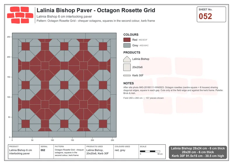Interlock (Pasco) 28x24 cm · LAL-052 · Octagon Rosette Grid - chequer octagons, squares in the second colour, kerb frame · Laying plan Interlock (Pasco) 28x24 cm · LAL-052 · Octagon Rosette Grid - chequer octagons, squares in the second colour, kerb frame · Laying plan