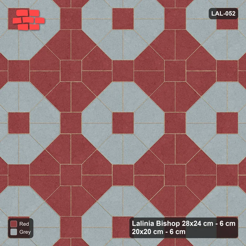Interlock (Pasco) 28x24 cm · LAL-052 · Octagon Rosette Grid - chequer octagons, squares in the second colour, kerb frame · Top view Interlock (Pasco) 28x24 cm · LAL-052 · Octagon Rosette Grid - chequer octagons, squares in the second colour, kerb frame · Top view
