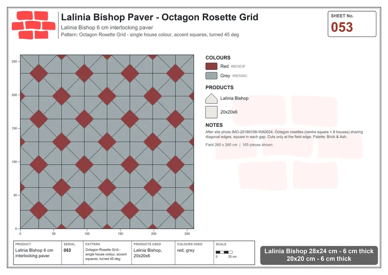 Interlock (Pasco) 28x24 cm · LAL-053 · Octagon Rosette Grid - single house colour, accent squares, turned 45 deg · Laying plan Interlock (Pasco) 28x24 cm · LAL-053 · Octagon Rosette Grid - single house colour, accent squares, turned 45 deg · Laying plan