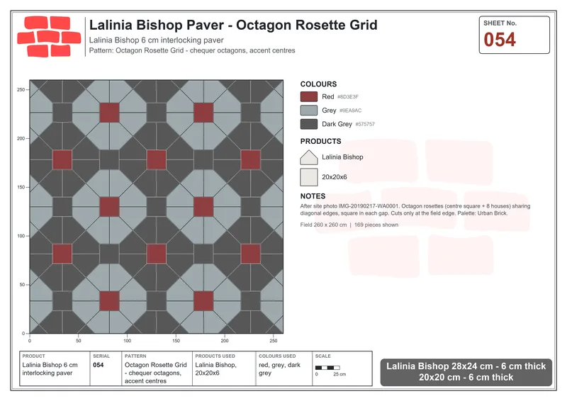 Interlock (Pasco) 28x24 cm · LAL-054 · Octagon Rosette Grid - chequer octagons, accent centres · Laying plan Interlock (Pasco) 28x24 cm · LAL-054 · Octagon Rosette Grid - chequer octagons, accent centres · Laying plan