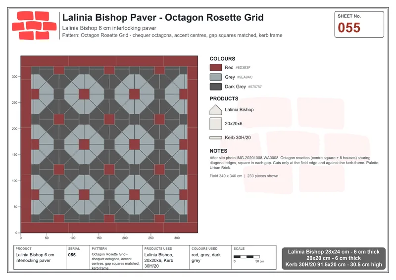 Interlock (Pasco) 28x24 cm · LAL-055 · Octagon Rosette Grid - chequer octagons, accent centres, gap squares matched, kerb frame · Laying plan Interlock (Pasco) 28x24 cm · LAL-055 · Octagon Rosette Grid - chequer octagons, accent centres, gap squares matched, kerb frame · Laying plan