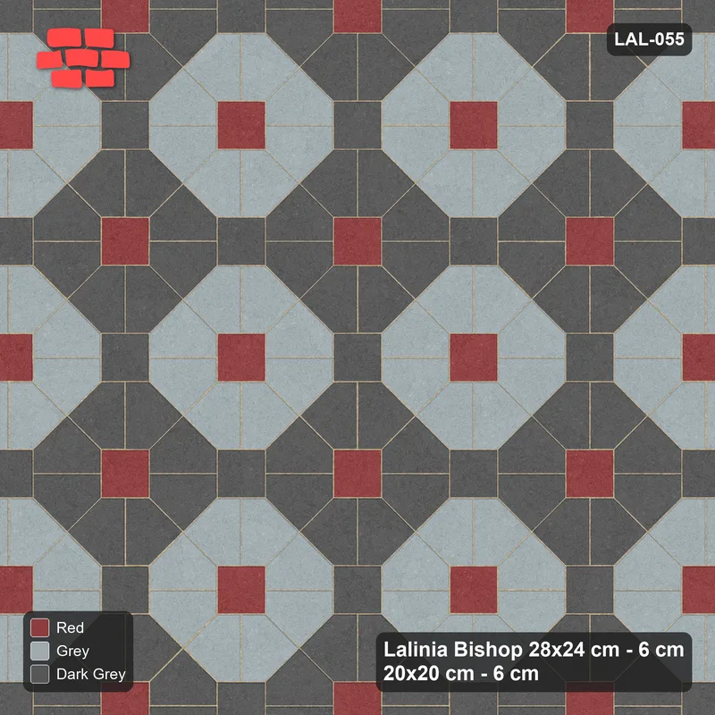 Interlock (Pasco) 28x24 cm · LAL-055 · Octagon Rosette Grid - chequer octagons, accent centres, gap squares matched, kerb frame · Top view Interlock (Pasco) 28x24 cm · LAL-055 · Octagon Rosette Grid - chequer octagons, accent centres, gap squares matched, kerb frame · Top view