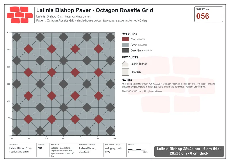 Interlock (Pasco) 28x24 cm · LAL-056 · Octagon Rosette Grid - single house colour, two square accents, turned 45 deg · Laying plan Interlock (Pasco) 28x24 cm · LAL-056 · Octagon Rosette Grid - single house colour, two square accents, turned 45 deg · Laying plan