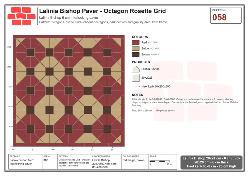 Interlock (Pasco) 28x24 cm · LAL-058 · Octagon Rosette Grid - chequer octagons, dark centres and gap squares, kerb frame · Laying plan Interlock (Pasco) 28x24 cm · LAL-058 · Octagon Rosette Grid - chequer octagons, dark centres and gap squares, kerb frame · Laying plan
