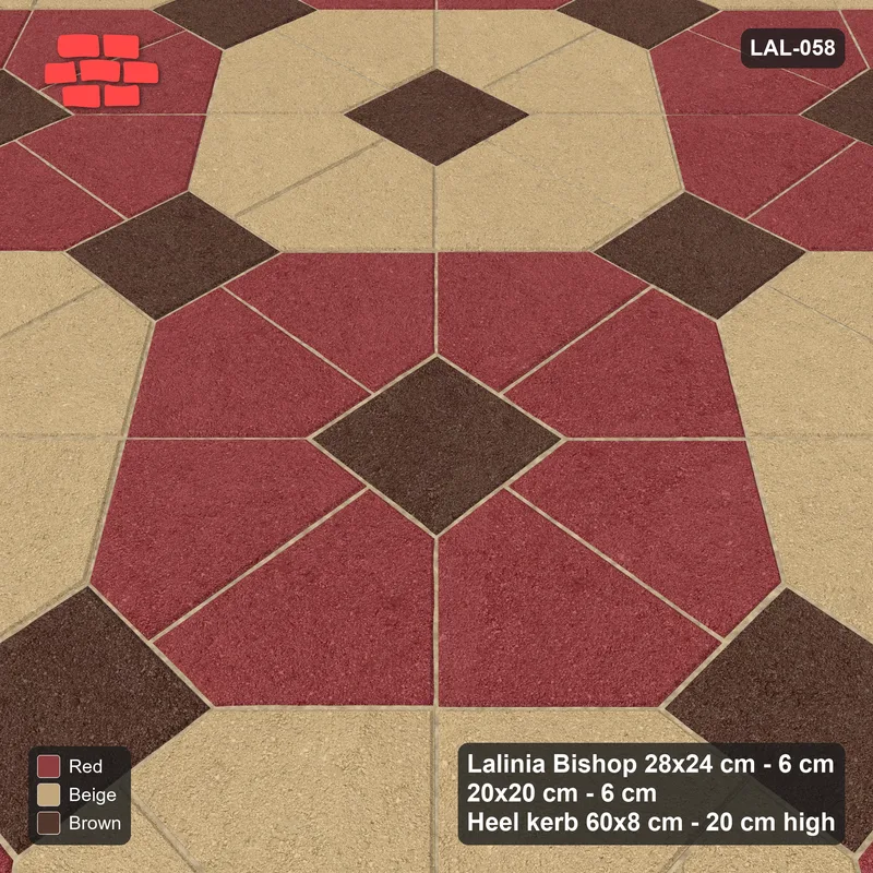 Interlock (Pasco) 28x24 cm · LAL-058 · Octagon Rosette Grid - chequer octagons, dark centres and gap squares, kerb frame · Side view Interlock (Pasco) 28x24 cm · LAL-058 · Octagon Rosette Grid - chequer octagons, dark centres and gap squares, kerb frame · Side view