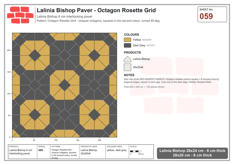 Interlock (Pasco) 28x24 cm · LAL-059 · Octagon Rosette Grid - chequer octagons, squares in the second colour, turned 45 deg · Laying plan Interlock (Pasco) 28x24 cm · LAL-059 · Octagon Rosette Grid - chequer octagons, squares in the second colour, turned 45 deg · Laying plan