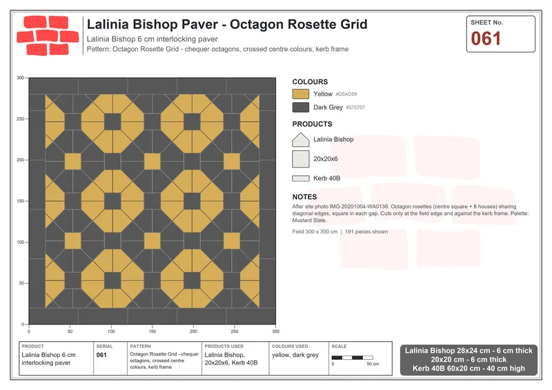 Interlock (Pasco) 28x24 cm · LAL-061 · Octagon Rosette Grid - chequer octagons, crossed centre colours, kerb frame · Laying plan Interlock (Pasco) 28x24 cm · LAL-061 · Octagon Rosette Grid - chequer octagons, crossed centre colours, kerb frame · Laying plan