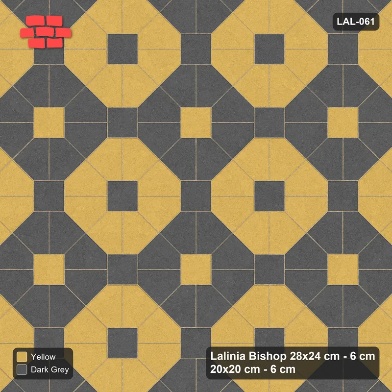 Interlock (Pasco) 28x24 cm · LAL-061 · Octagon Rosette Grid - chequer octagons, crossed centre colours, kerb frame · Top view Interlock (Pasco) 28x24 cm · LAL-061 · Octagon Rosette Grid - chequer octagons, crossed centre colours, kerb frame · Top view