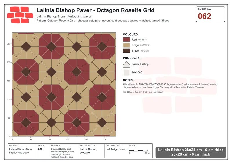 Interlock (Pasco) 28x24 cm · LAL-062 · Octagon Rosette Grid - chequer octagons, accent centres, gap squares matched, turned 45 deg · Laying plan Interlock (Pasco) 28x24 cm · LAL-062 · Octagon Rosette Grid - chequer octagons, accent centres, gap squares matched, turned 45 deg · Laying plan
