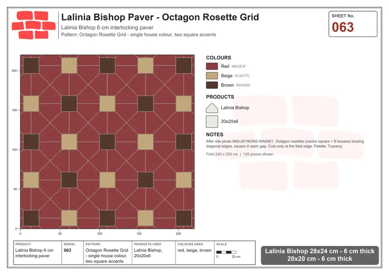 Interlock (Pasco) 28x24 cm · LAL-063 · Octagon Rosette Grid - single house colour, two square accents · Laying plan Interlock (Pasco) 28x24 cm · LAL-063 · Octagon Rosette Grid - single house colour, two square accents · Laying plan
