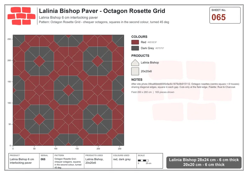 Interlock (Pasco) 28x24 cm · LAL-065 · Octagon Rosette Grid - chequer octagons, squares in the second colour, turned 45 deg · Laying plan Interlock (Pasco) 28x24 cm · LAL-065 · Octagon Rosette Grid - chequer octagons, squares in the second colour, turned 45 deg · Laying plan