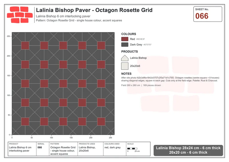 Interlock (Pasco) 28x24 cm · LAL-066 · Octagon Rosette Grid - single house colour, accent squares · Laying plan Interlock (Pasco) 28x24 cm · LAL-066 · Octagon Rosette Grid - single house colour, accent squares · Laying plan