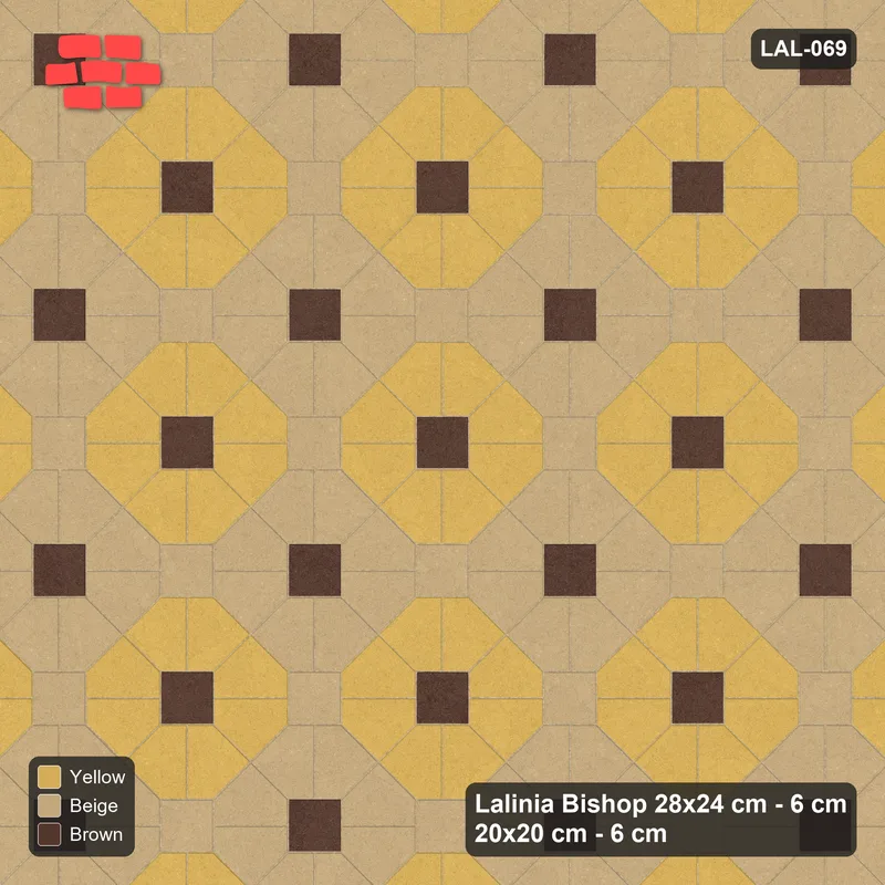 Interlock (Pasco) 28x24 cm · LAL-069 · Octagon Rosette Grid - chequer octagons, accent centres, gap squares matched · Top view Interlock (Pasco) 28x24 cm · LAL-069 · Octagon Rosette Grid - chequer octagons, accent centres, gap squares matched · Top view