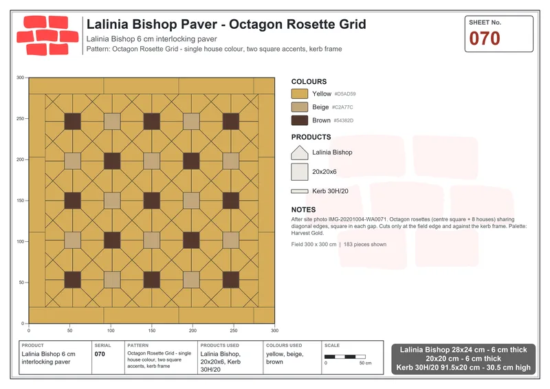 Interlock (Pasco) 28x24 cm · LAL-070 · Octagon Rosette Grid - single house colour, two square accents, kerb frame · Laying plan Interlock (Pasco) 28x24 cm · LAL-070 · Octagon Rosette Grid - single house colour, two square accents, kerb frame · Laying plan