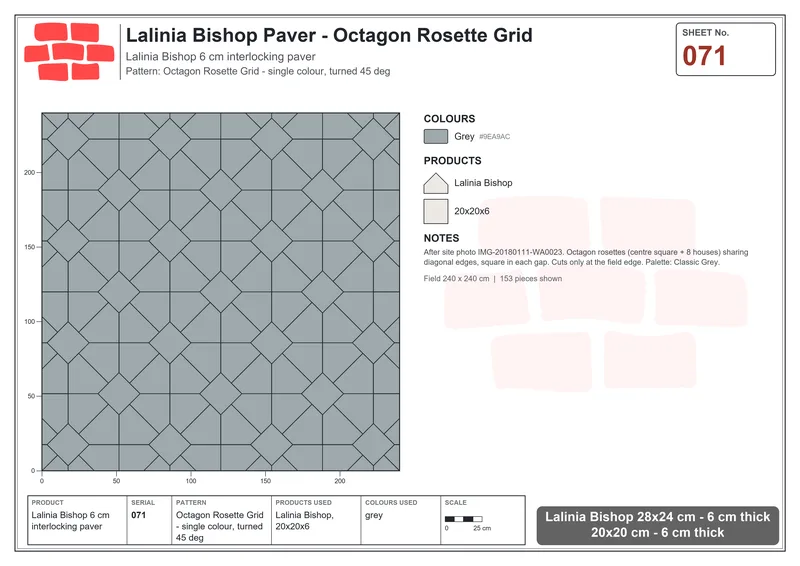 Interlock (Pasco) 28x24 cm · LAL-071 · Octagon Rosette Grid - single colour, turned 45 deg · Laying plan Interlock (Pasco) 28x24 cm · LAL-071 · Octagon Rosette Grid - single colour, turned 45 deg · Laying plan
