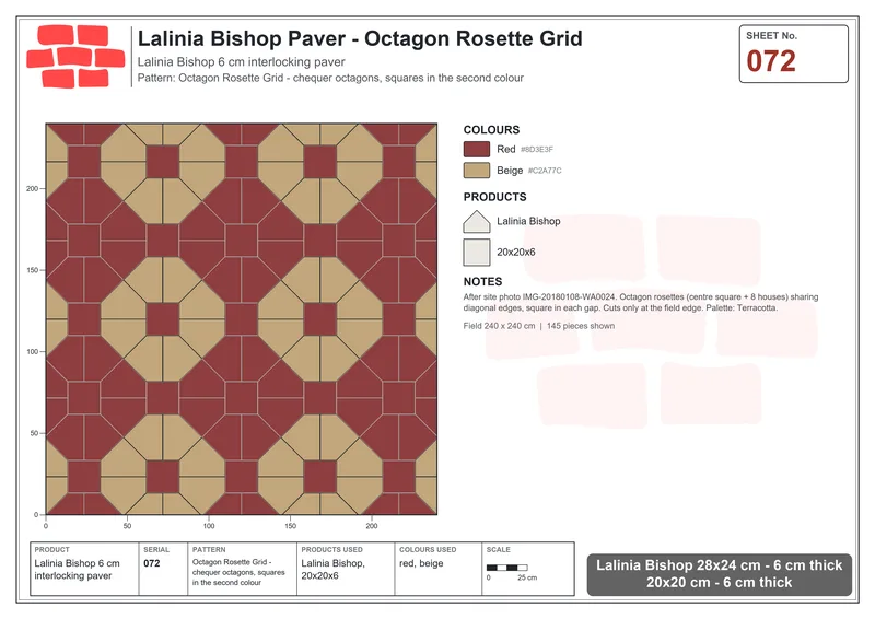 Interlock (Pasco) 28x24 cm · LAL-072 · Octagon Rosette Grid - chequer octagons, squares in the second colour · Laying plan Interlock (Pasco) 28x24 cm · LAL-072 · Octagon Rosette Grid - chequer octagons, squares in the second colour · Laying plan