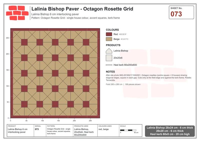 Interlock (Pasco) 28x24 cm · LAL-073 · Octagon Rosette Grid - single house colour, accent squares, kerb frame · Laying plan Interlock (Pasco) 28x24 cm · LAL-073 · Octagon Rosette Grid - single house colour, accent squares, kerb frame · Laying plan