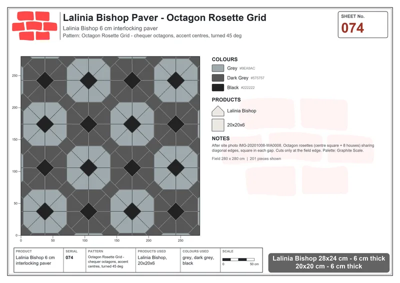 Interlock (Pasco) 28x24 cm · LAL-074 · Octagon Rosette Grid - chequer octagons, accent centres, turned 45 deg · Laying plan Interlock (Pasco) 28x24 cm · LAL-074 · Octagon Rosette Grid - chequer octagons, accent centres, turned 45 deg · Laying plan