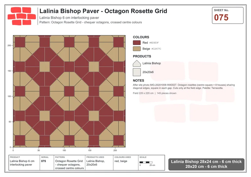 Interlock (Pasco) 28x24 cm · LAL-075 · Octagon Rosette Grid - chequer octagons, crossed centre colours · Laying plan Interlock (Pasco) 28x24 cm · LAL-075 · Octagon Rosette Grid - chequer octagons, crossed centre colours · Laying plan
