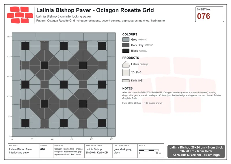 Interlock (Pasco) 28x24 cm · LAL-076 · Octagon Rosette Grid - chequer octagons, accent centres, gap squares matched, kerb frame · Laying plan Interlock (Pasco) 28x24 cm · LAL-076 · Octagon Rosette Grid - chequer octagons, accent centres, gap squares matched, kerb frame · Laying plan