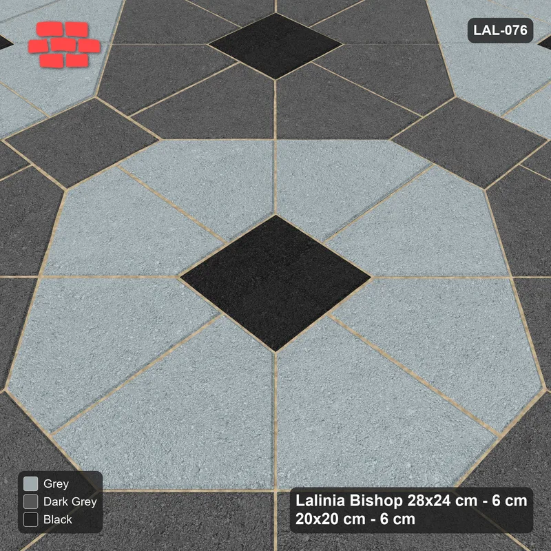 Interlock (Pasco) 28x24 cm · LAL-076 · Octagon Rosette Grid - chequer octagons, accent centres, gap squares matched, kerb frame · Side view Interlock (Pasco) 28x24 cm · LAL-076 · Octagon Rosette Grid - chequer octagons, accent centres, gap squares matched, kerb frame · Side view