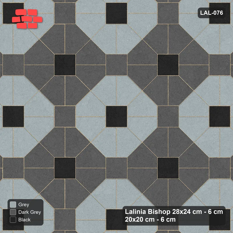 Interlock (Pasco) 28x24 cm · LAL-076 · Octagon Rosette Grid - chequer octagons, accent centres, gap squares matched, kerb frame · Top view Interlock (Pasco) 28x24 cm · LAL-076 · Octagon Rosette Grid - chequer octagons, accent centres, gap squares matched, kerb frame · Top view