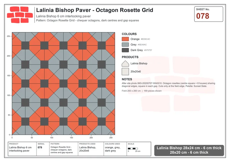 Interlock (Pasco) 28x24 cm · LAL-078 · Octagon Rosette Grid - chequer octagons, dark centres and gap squares · Laying plan Interlock (Pasco) 28x24 cm · LAL-078 · Octagon Rosette Grid - chequer octagons, dark centres and gap squares · Laying plan