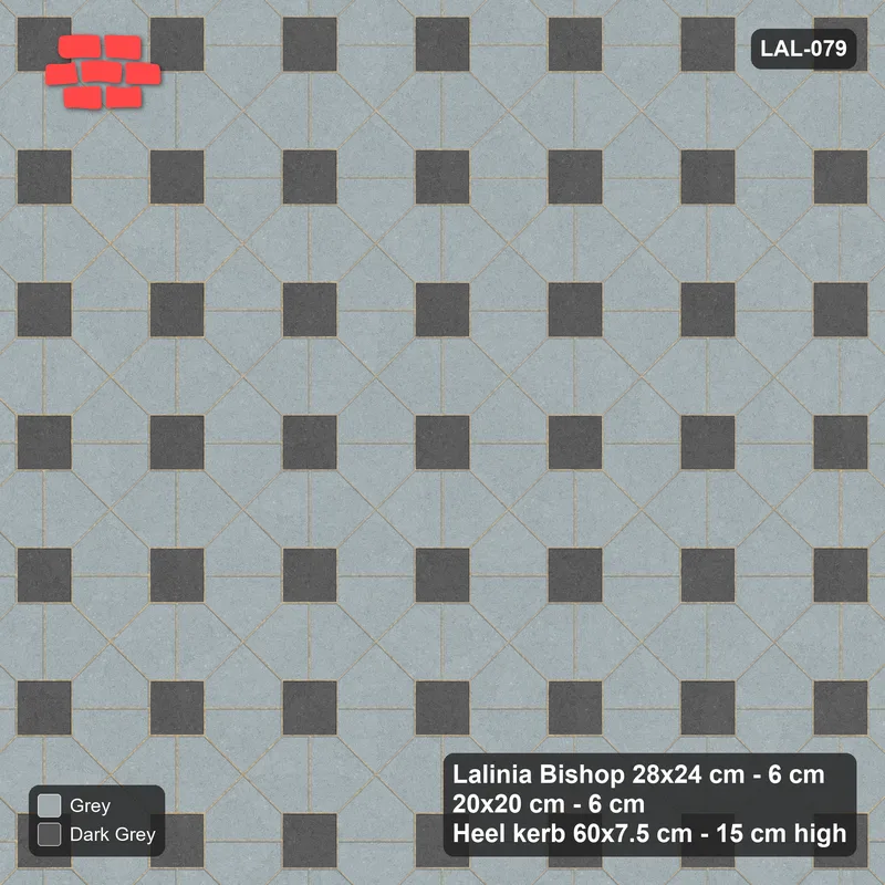 Interlock (Pasco) 28x24 cm · LAL-079 · Octagon Rosette Grid - single house colour, accent squares, kerb frame · Top view Interlock (Pasco) 28x24 cm · LAL-079 · Octagon Rosette Grid - single house colour, accent squares, kerb frame · Top view