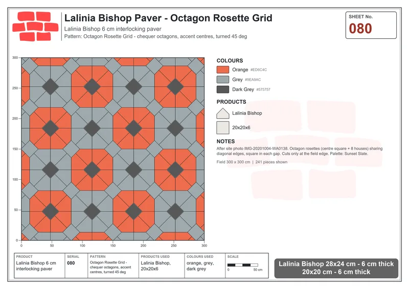 Interlock (Pasco) 28x24 cm · LAL-080 · Octagon Rosette Grid - chequer octagons, accent centres, turned 45 deg · Laying plan Interlock (Pasco) 28x24 cm · LAL-080 · Octagon Rosette Grid - chequer octagons, accent centres, turned 45 deg · Laying plan