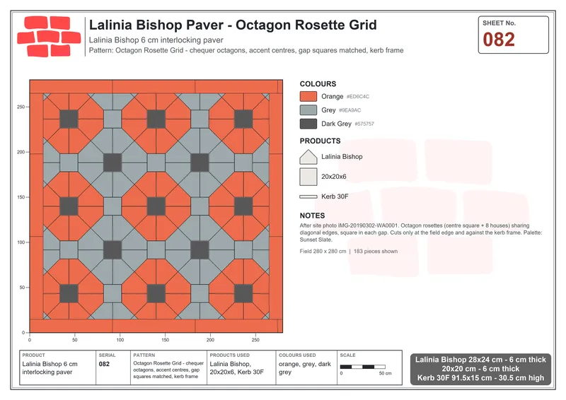 Interlock (Pasco) 28x24 cm · LAL-082 · Octagon Rosette Grid - chequer octagons, accent centres, gap squares matched, kerb frame · Laying plan Interlock (Pasco) 28x24 cm · LAL-082 · Octagon Rosette Grid - chequer octagons, accent centres, gap squares matched, kerb frame · Laying plan
