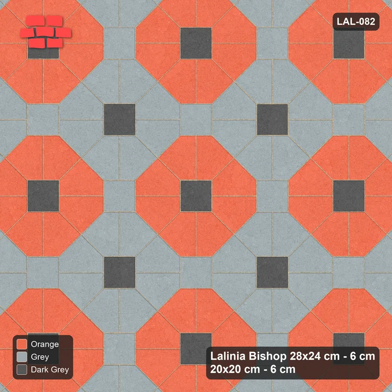 Interlock (Pasco) 28x24 cm · LAL-082 · Octagon Rosette Grid - chequer octagons, accent centres, gap squares matched, kerb frame · Top view Interlock (Pasco) 28x24 cm · LAL-082 · Octagon Rosette Grid - chequer octagons, accent centres, gap squares matched, kerb frame · Top view