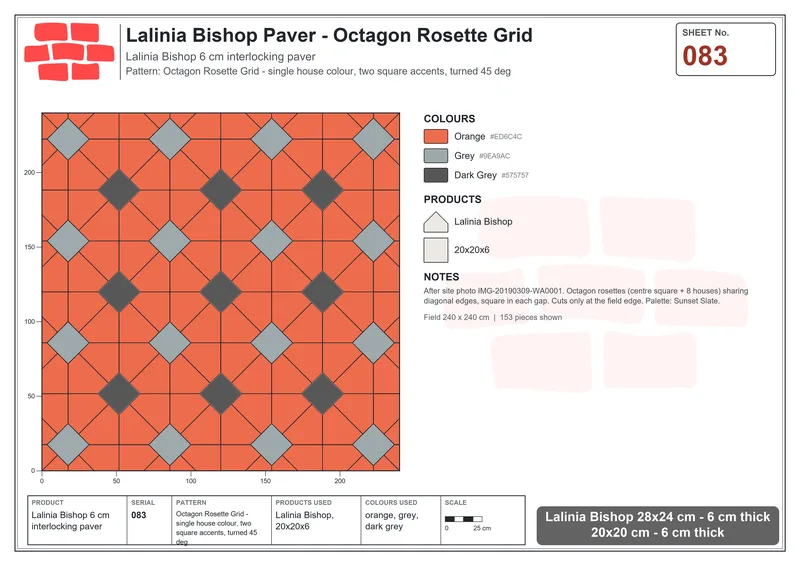 Interlock (Pasco) 28x24 cm · LAL-083 · Octagon Rosette Grid - single house colour, two square accents, turned 45 deg · Laying plan Interlock (Pasco) 28x24 cm · LAL-083 · Octagon Rosette Grid - single house colour, two square accents, turned 45 deg · Laying plan