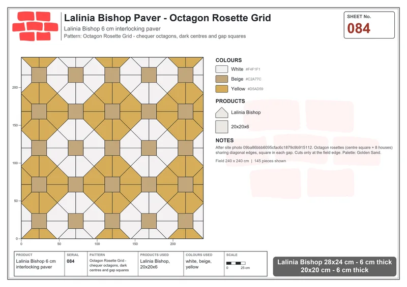 Interlock (Pasco) 28x24 cm · LAL-084 · Octagon Rosette Grid - chequer octagons, dark centres and gap squares · Laying plan Interlock (Pasco) 28x24 cm · LAL-084 · Octagon Rosette Grid - chequer octagons, dark centres and gap squares · Laying plan