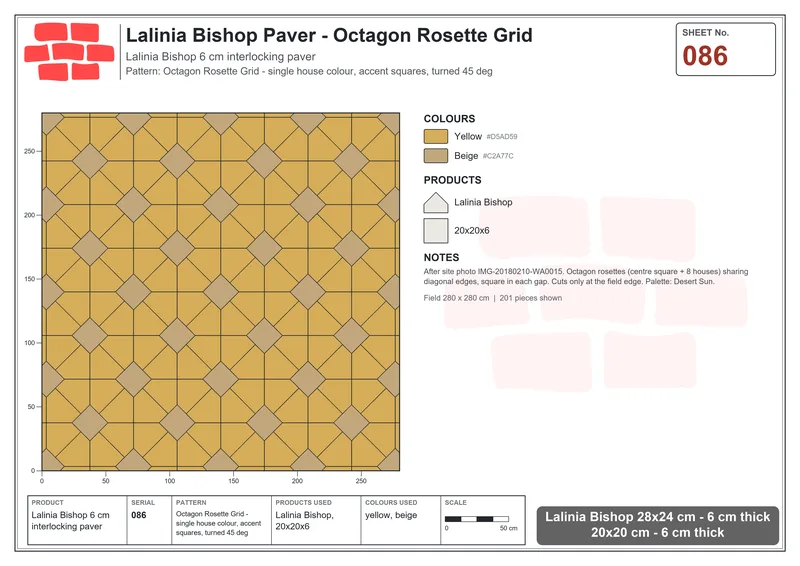 Interlock (Pasco) 28x24 cm · LAL-086 · Octagon Rosette Grid - single house colour, accent squares, turned 45 deg · Laying plan Interlock (Pasco) 28x24 cm · LAL-086 · Octagon Rosette Grid - single house colour, accent squares, turned 45 deg · Laying plan
