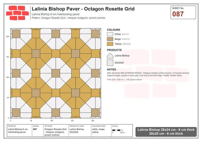 Interlock (Pasco) 28x24 cm · LAL-087 · Octagon Rosette Grid - chequer octagons, accent centres · Laying plan Interlock (Pasco) 28x24 cm · LAL-087 · Octagon Rosette Grid - chequer octagons, accent centres · Laying plan
