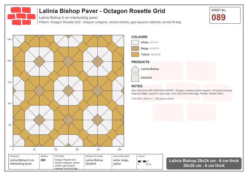 Interlock (Pasco) 28x24 cm · LAL-089 · Octagon Rosette Grid - chequer octagons, accent centres, gap squares matched, turned 45 deg · Laying plan Interlock (Pasco) 28x24 cm · LAL-089 · Octagon Rosette Grid - chequer octagons, accent centres, gap squares matched, turned 45 deg · Laying plan