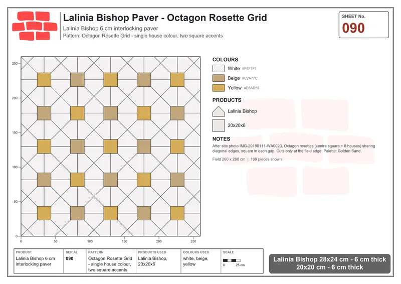 Interlock (Pasco) 28x24 cm · LAL-090 · Octagon Rosette Grid - single house colour, two square accents · Laying plan Interlock (Pasco) 28x24 cm · LAL-090 · Octagon Rosette Grid - single house colour, two square accents · Laying plan
