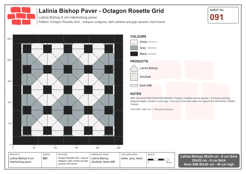 Interlock (Pasco) 28x24 cm · LAL-091 · Octagon Rosette Grid - chequer octagons, dark centres and gap squares, kerb frame · Laying plan Interlock (Pasco) 28x24 cm · LAL-091 · Octagon Rosette Grid - chequer octagons, dark centres and gap squares, kerb frame · Laying plan