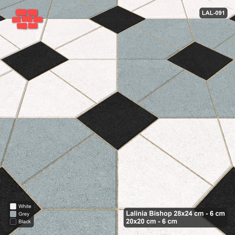 Interlock (Pasco) 28x24 cm · LAL-091 · Octagon Rosette Grid - chequer octagons, dark centres and gap squares, kerb frame · Side view Interlock (Pasco) 28x24 cm · LAL-091 · Octagon Rosette Grid - chequer octagons, dark centres and gap squares, kerb frame · Side view