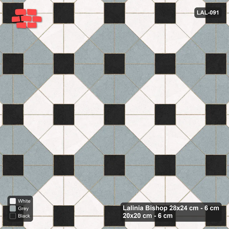 Interlock (Pasco) 28x24 cm · LAL-091 · Octagon Rosette Grid - chequer octagons, dark centres and gap squares, kerb frame · Top view Interlock (Pasco) 28x24 cm · LAL-091 · Octagon Rosette Grid - chequer octagons, dark centres and gap squares, kerb frame · Top view